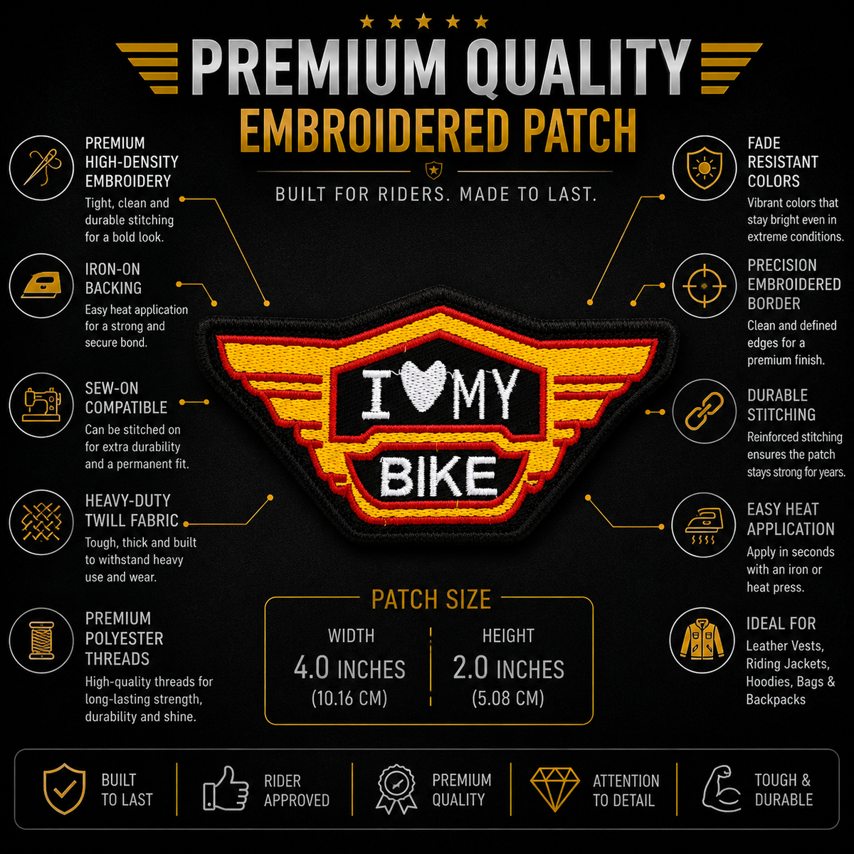 I Love My Bike biker patch showing premium embroidery features and 4 x 2 inch size