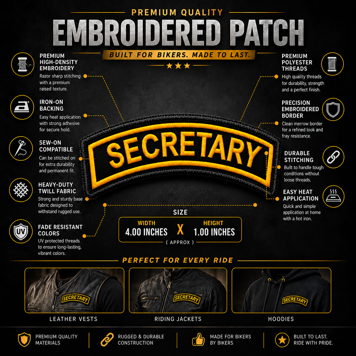 Secretary Biker Patch 4 x 1 inch infographic showing embroidery, twill fabric, backing, border and stitching features