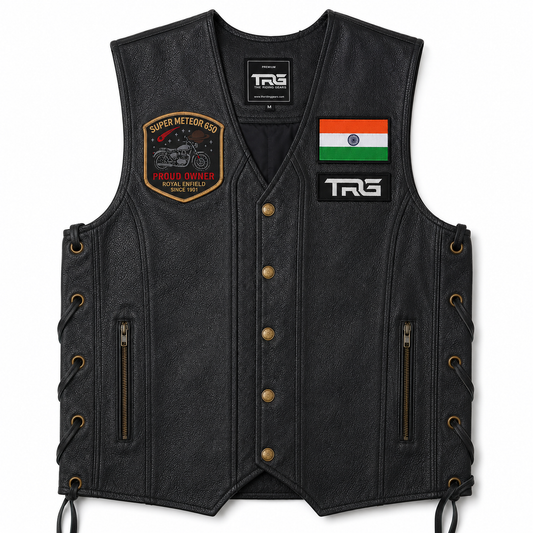 Super Meteor 650 Patch displayed on black motorcycle riding vest on white background