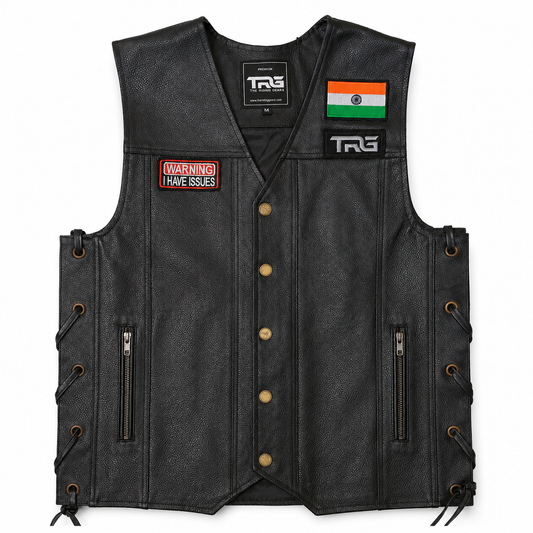 Warning I Have Issues Biker Patch displayed on black motorcycle riding vest on white background