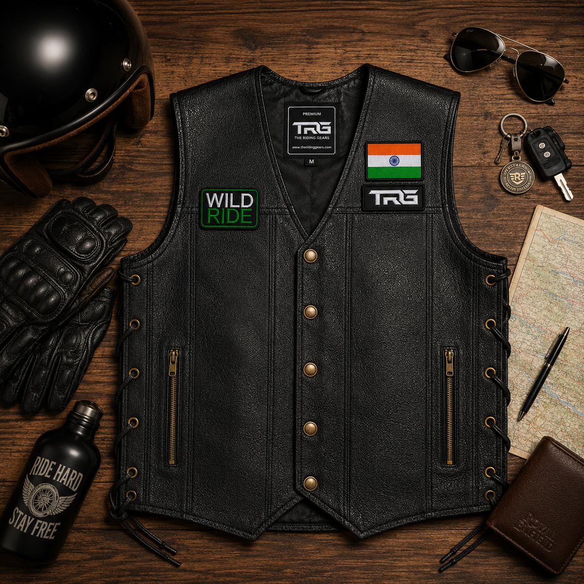 Wild Ride Biker Patch displayed on black riding vest with motorcycle riding accessories