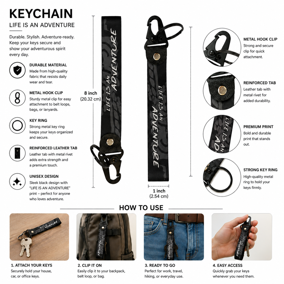 Life Is An Adventure motorcycle keychain 8 x 1 inch size with metal hook, key ring and reinforced tab