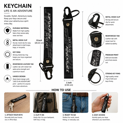 Life Is An Adventure motorcycle keychain 8 x 1 inch size with metal hook, key ring and reinforced tab