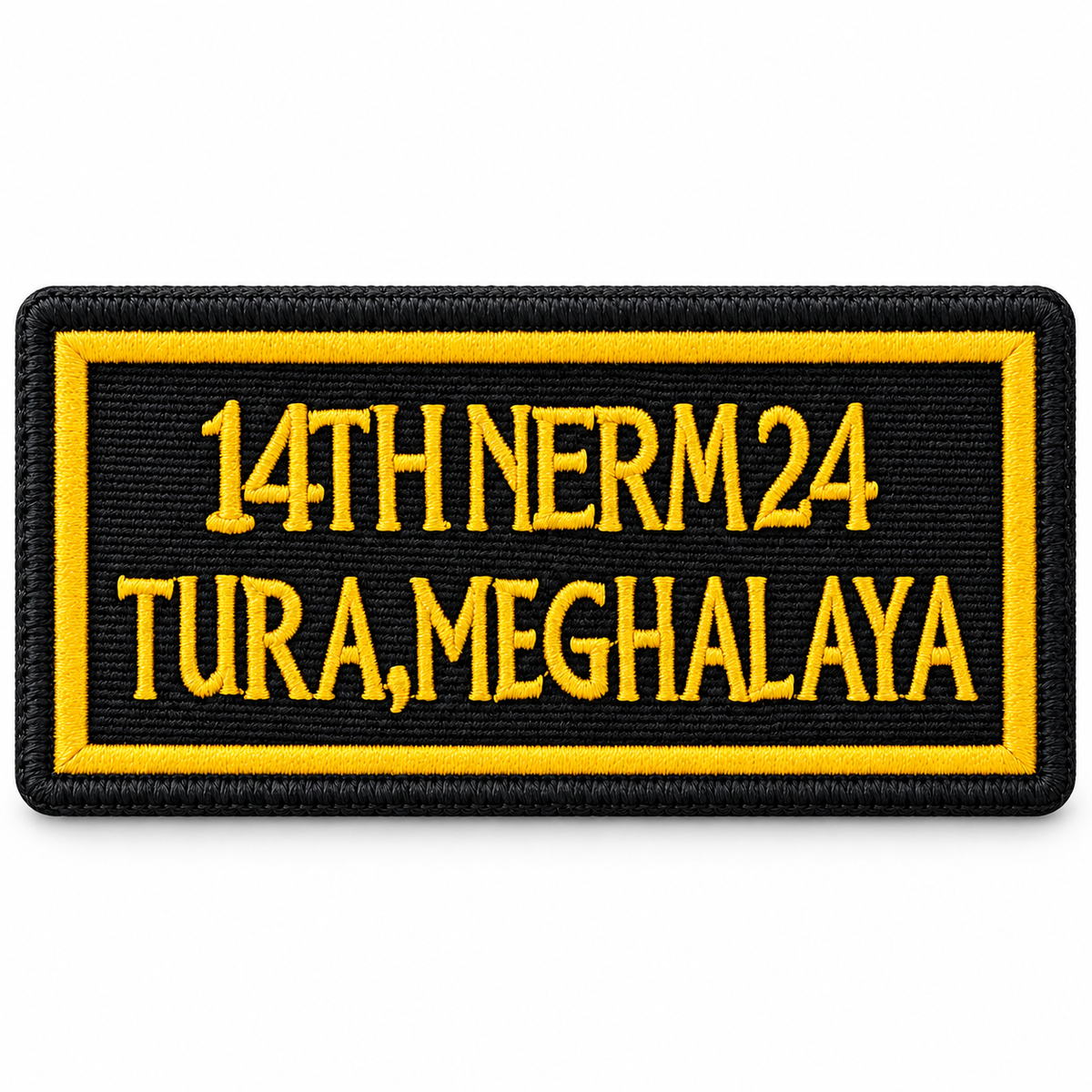 14th NERM24 Tura Meghalaya embroidered motorcycle patch in black and yellow shown on a clean white background
