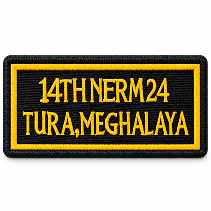 14th NERM24 Tura Meghalaya embroidered motorcycle patch in black and yellow shown on a clean white background