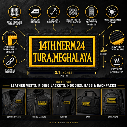 14th NERM Meghalaya Patch 3.1 x 2 inch embroidered patch infographic showing iron-on backing, sew-on compatibility, twill fabric and applications