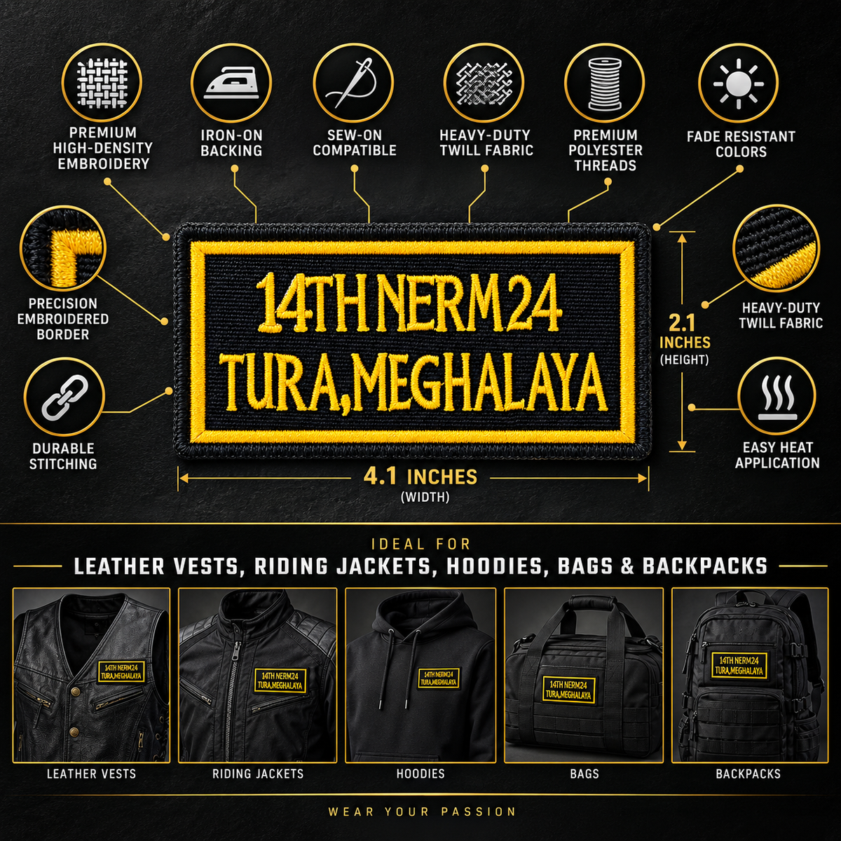 14th NERM Meghalaya Patch 4.1 x 2.1 inch embroidered patch infographic showing iron-on backing, sew-on compatibility, twill fabric and applications