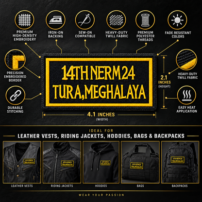 14th NERM Meghalaya Patch 4.1 x 2.1 inch embroidered patch infographic showing iron-on backing, sew-on compatibility, twill fabric and applications