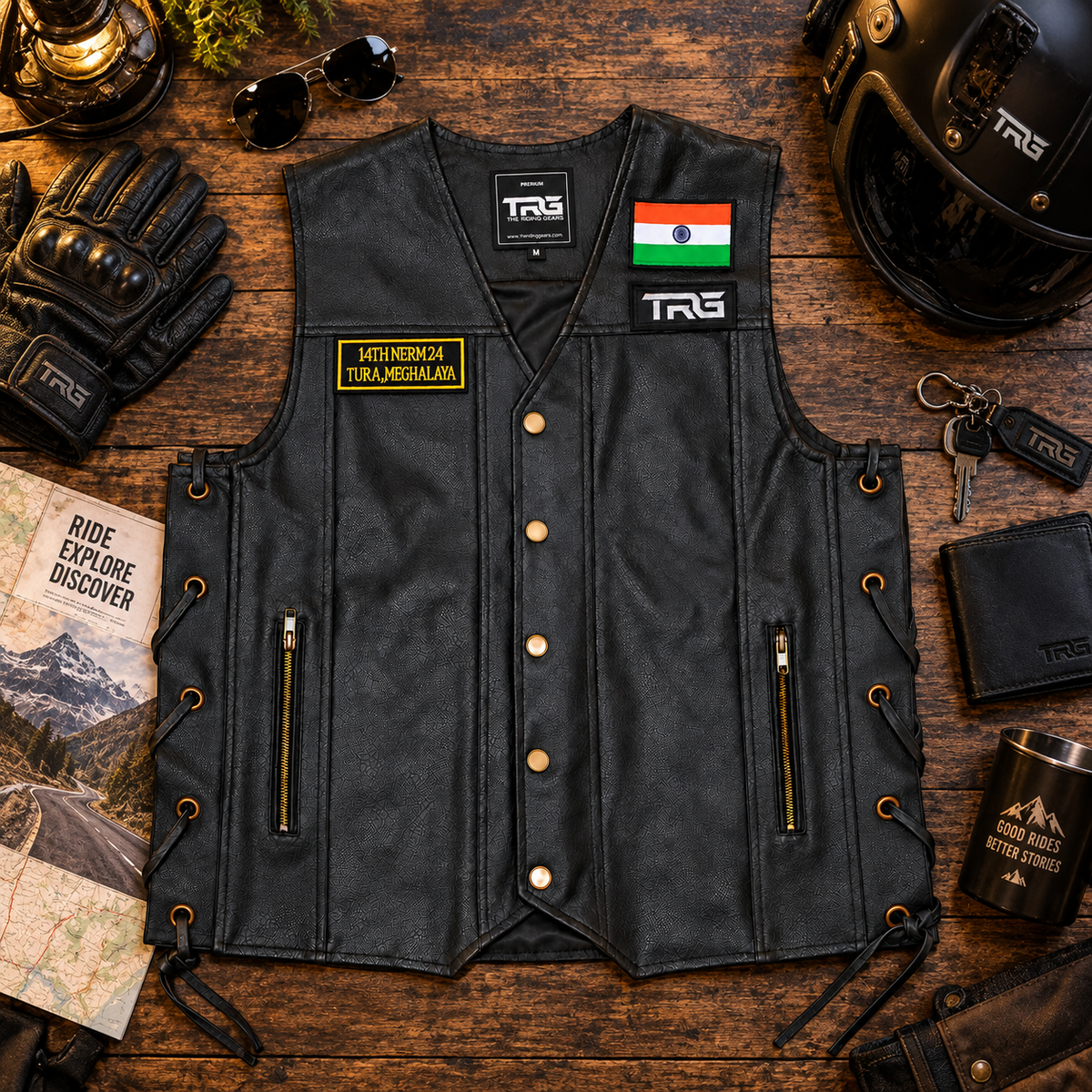 Flat lay of black motorcycle riding vest with Tura Meghalaya NERM patch surrounded by helmet, gloves, keys and riding accessories