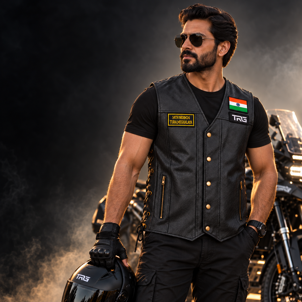 Studio motorcycle rider wearing black leather vest featuring 14th NERM24 Tura Meghalaya embroidered chest patch
