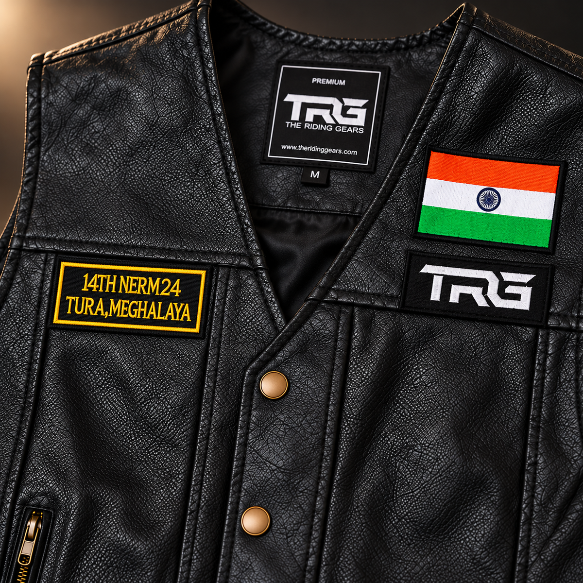 Close-up of 14th NERM24 Tura Meghalaya embroidered patch fitted on black motorcycle vest with Indian flag and TRG patch