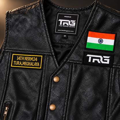Close-up of 14th NERM24 Tura Meghalaya embroidered patch fitted on black motorcycle vest with Indian flag and TRG patch