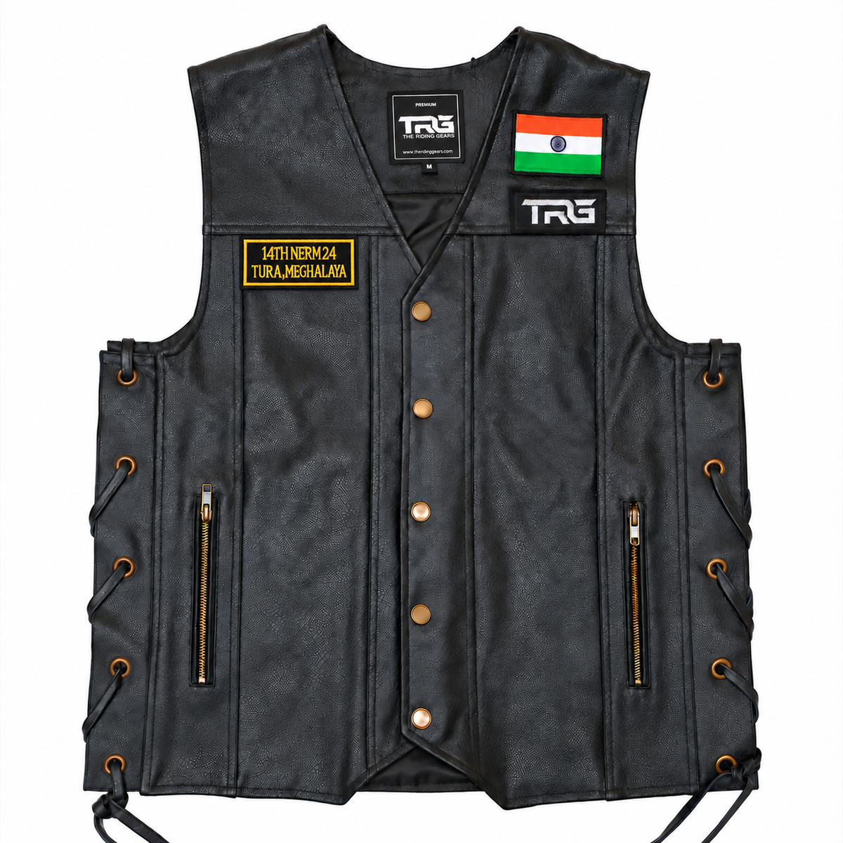 Black TRG motorcycle riding vest featuring 14th NERM24 Tura Meghalaya embroidered patch with Indian flag and TRG chest patch
