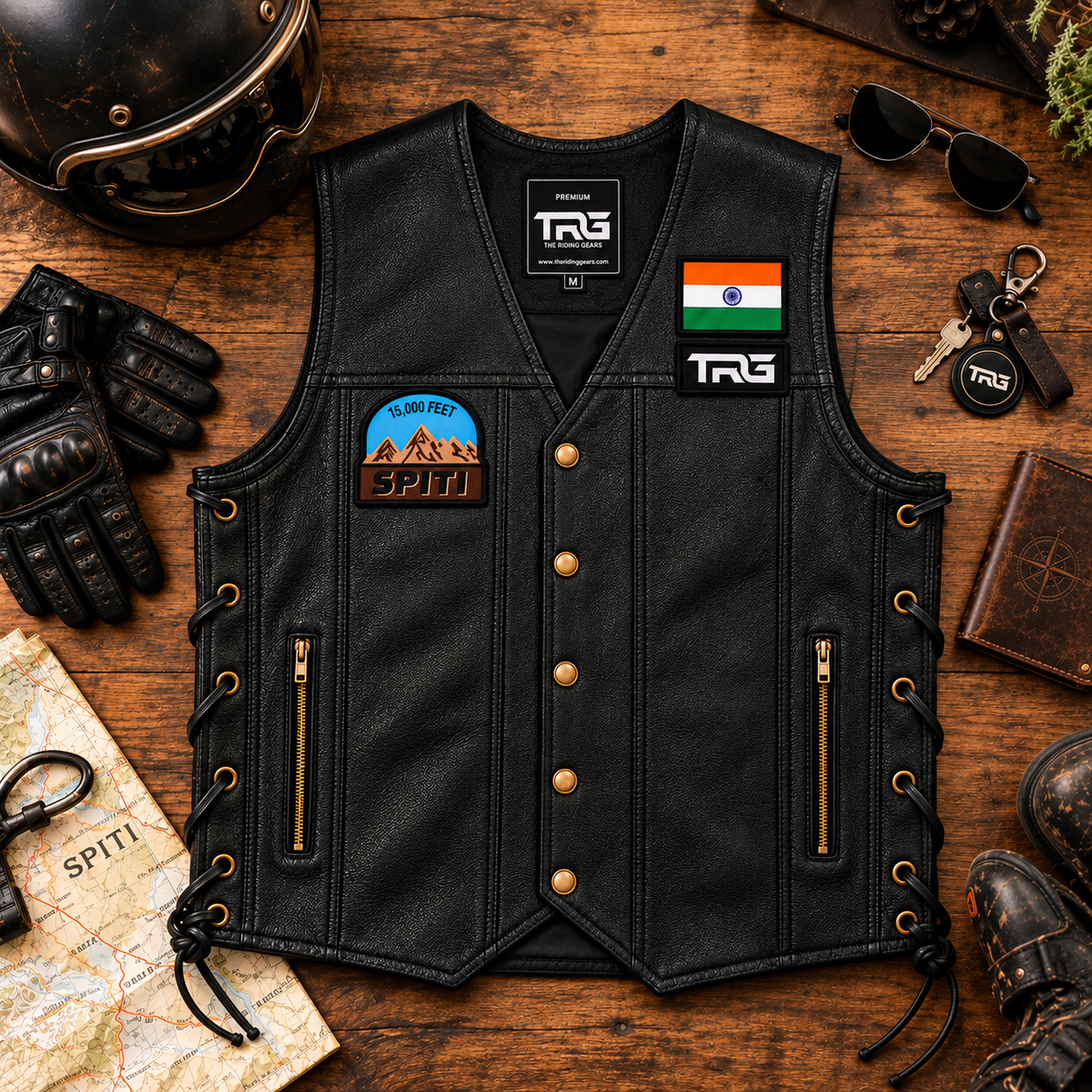 15K Feet Spiti embroidery patch displayed on black TRG leather vest flat lay with helmet, gloves, map, sunglasses and riding accessories.