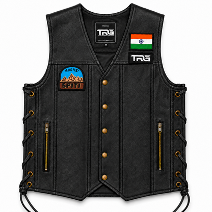 15K Feet Spiti embroidery patch attached to black TRG leather riding vest with Indian flag and TRG chest patch on white background.