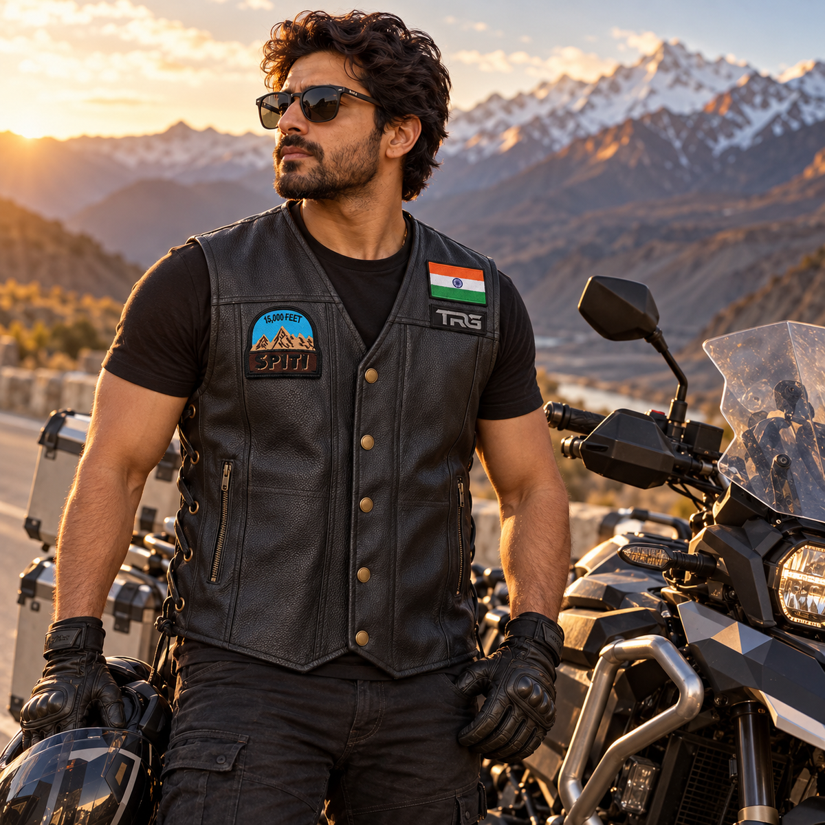 15K Feet Spiti embroidery patch displayed on TRG leather vest worn by a rider beside an adventure motorcycle in mountain scenery.