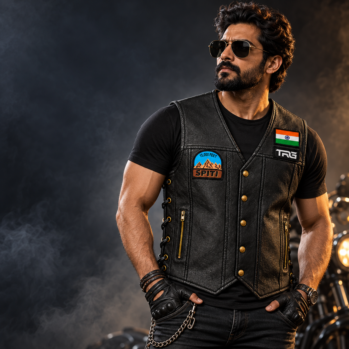 15K Feet Spiti embroidery patch shown on black TRG leather riding vest worn by a rider in a studio motorcycle setup.