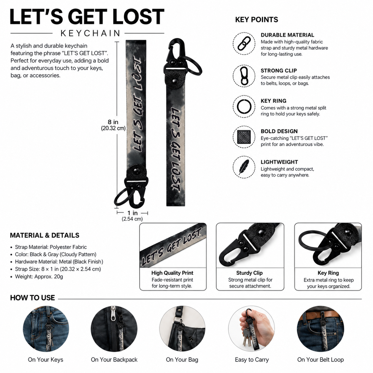 Let’s Get Lost motorcycle keychain 8 x 1 inch with metal hook and key ring