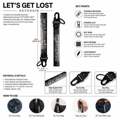 Let’s Get Lost motorcycle keychain 8 x 1 inch with metal hook and key ring