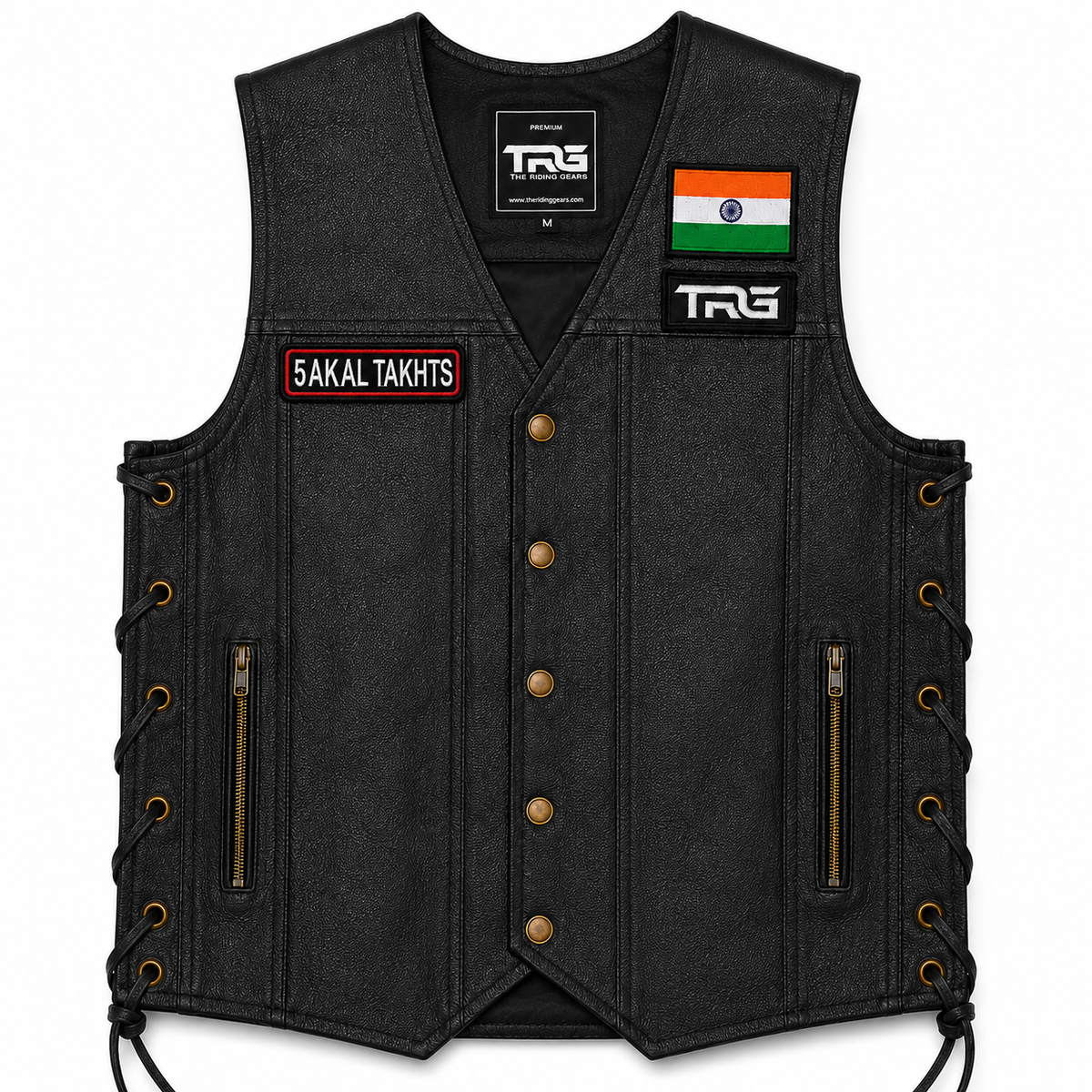 5 Akal Takhts embroidery patch attached to black TRG leather riding vest with Indian flag and TRG chest patch on white background.
