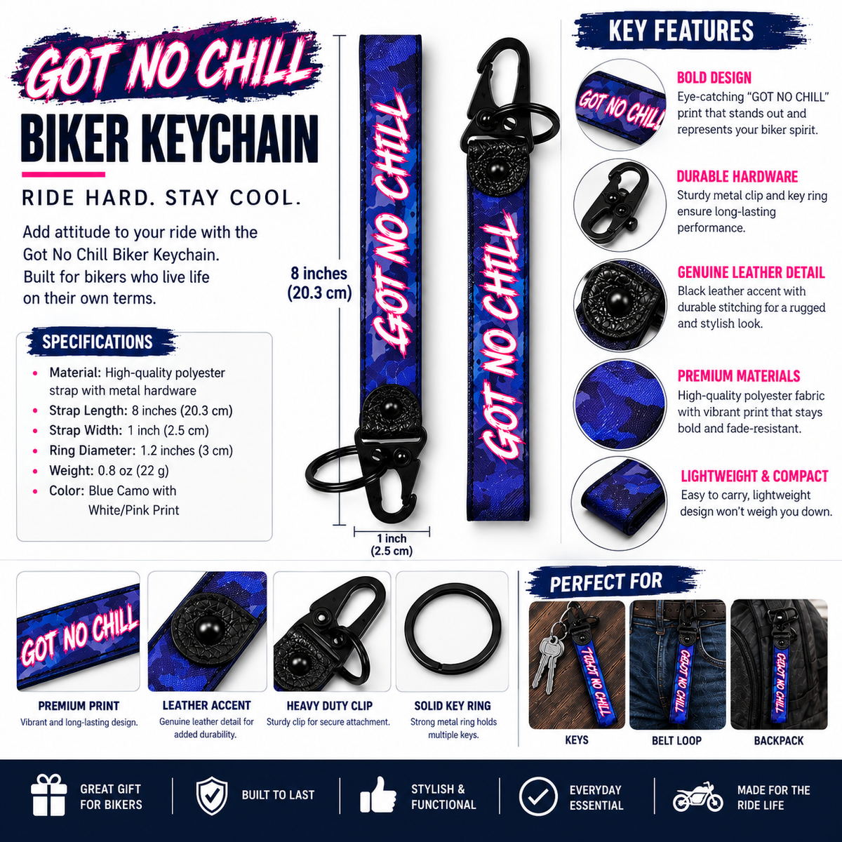 ot No Chill biker keychain infographic showing 8 inch blue fabric motorcycle keychain with metal clip, key ring, leather accent and product features