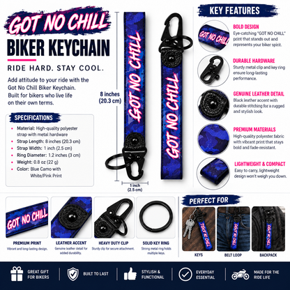 ot No Chill biker keychain infographic showing 8 inch blue fabric motorcycle keychain with metal clip, key ring, leather accent and product features