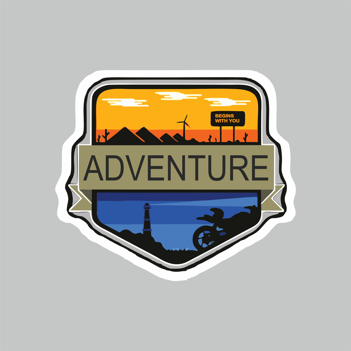 Adventure motorcycle sticker with mountain, lighthouse and biker travel design by TRG GEARS