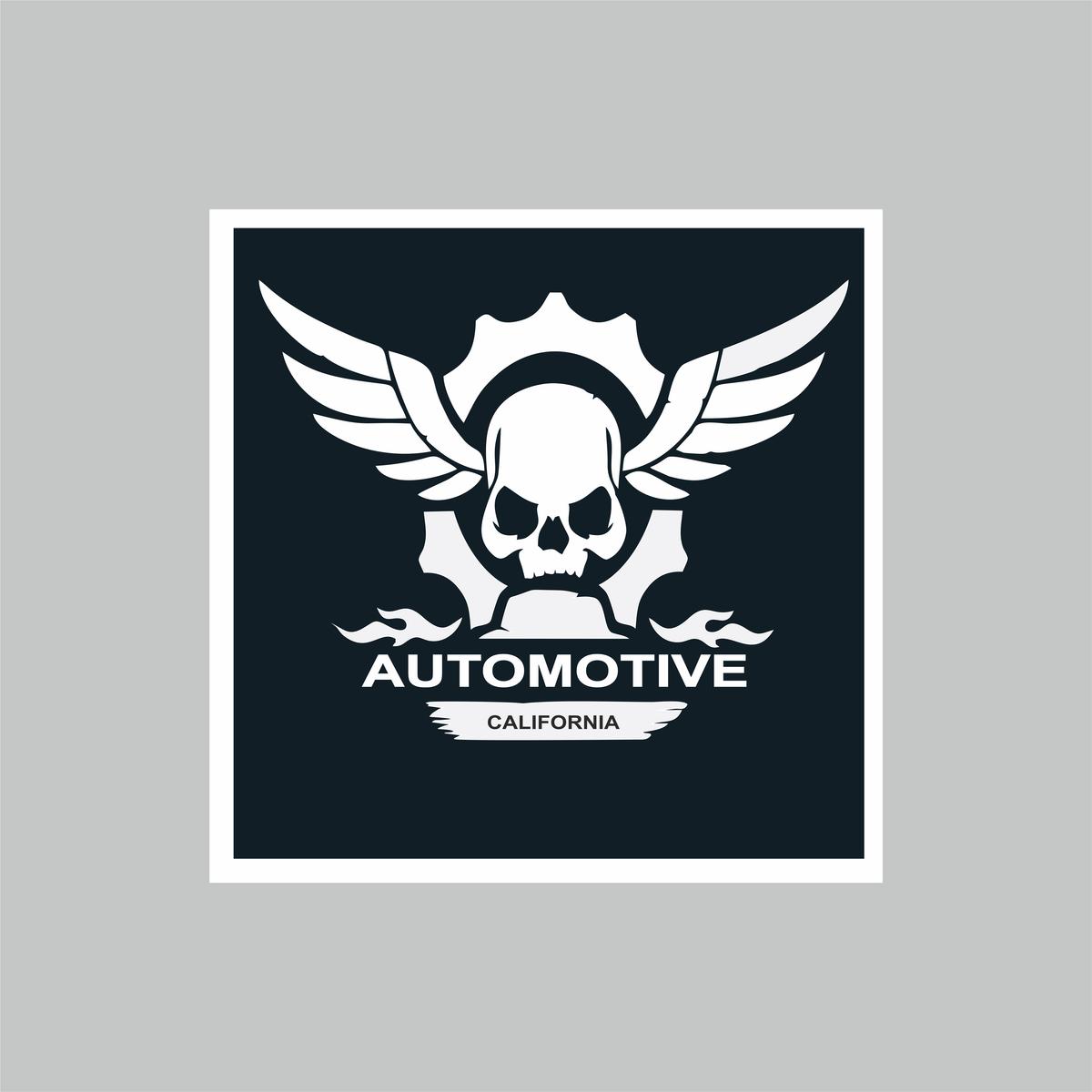 Automotive Sticker featuring white winged skull and gear artwork with Automotive California text on a black square design