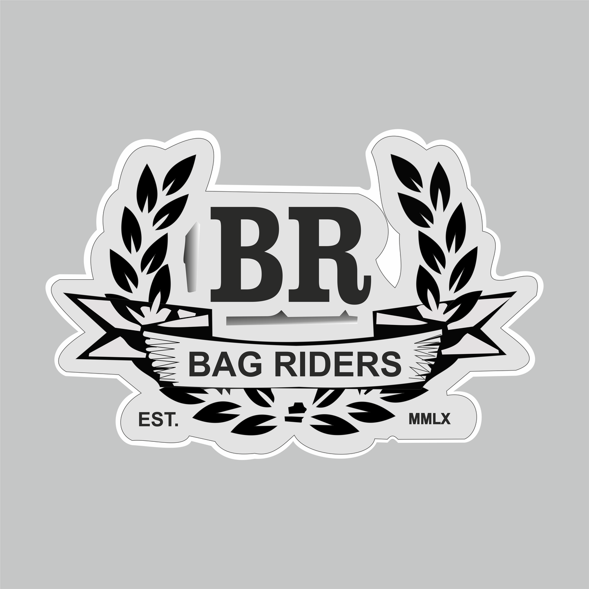 Bag Riders Sticker featuring bold BR lettering, laurel leaves, banner artwork and classic black and white die-cut design