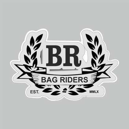 Bag Riders Sticker featuring bold BR lettering, laurel leaves, banner artwork and classic black and white die-cut design