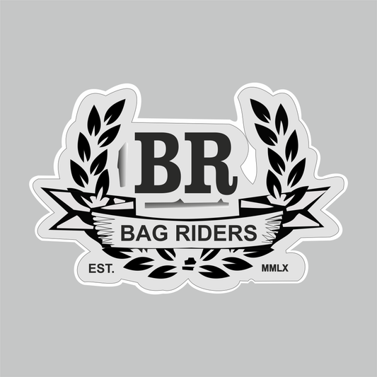 Bag Riders Sticker featuring bold BR lettering, laurel leaves, banner artwork and classic black and white die-cut design