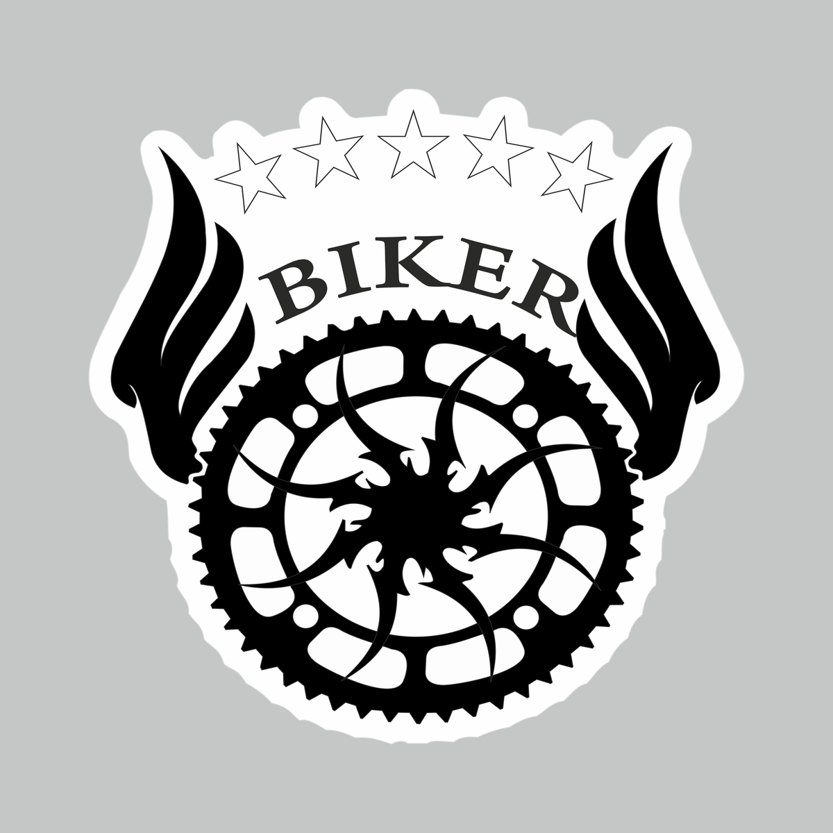 Biker Bike Plate Sticker featuring black and white motorcycle gear design with flames, five stars and Biker lettering