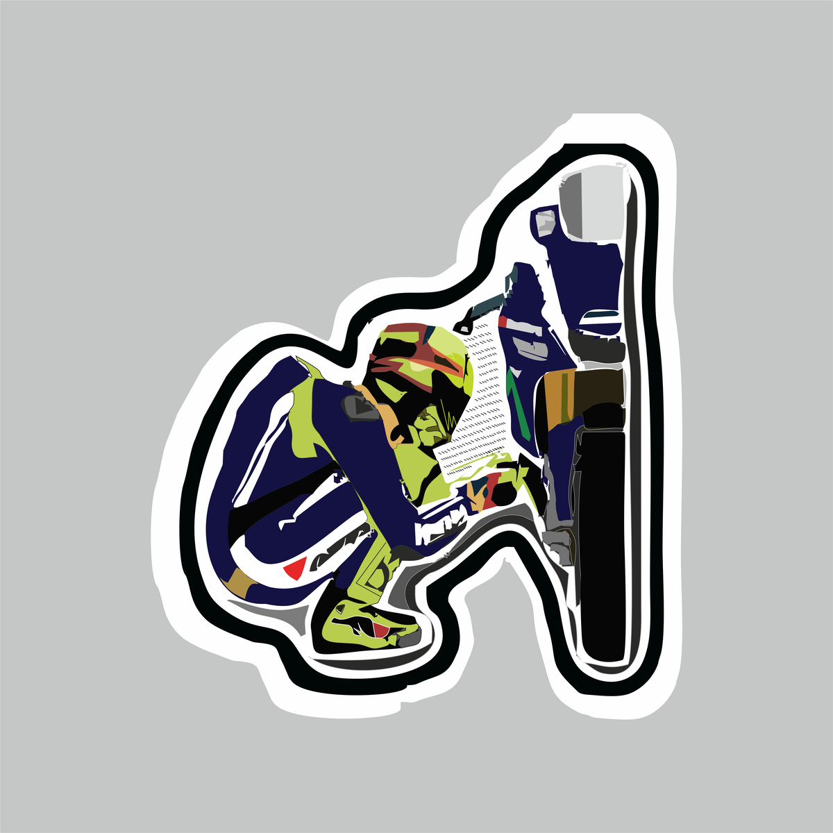 Biker Bike Repair Sticker featuring motorcycle rider repairing a bike with colorful riding gear and detailed workshop-style artwork