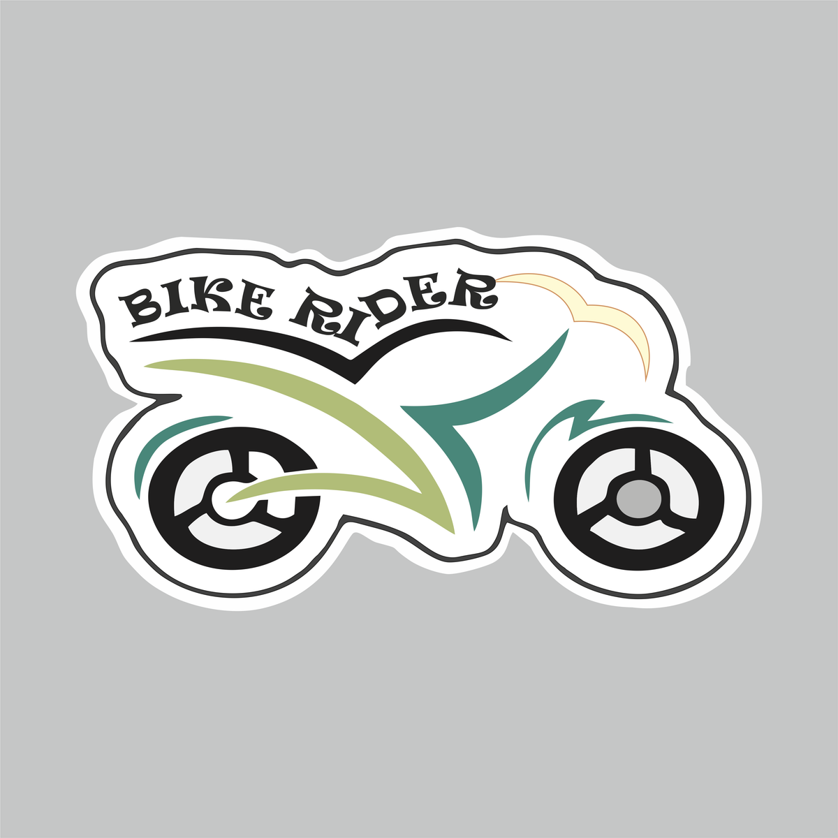 Bike Rider Bike Shape Sticker featuring stylized green and black motorcycle artwork with Bike Rider lettering and white die-cut border