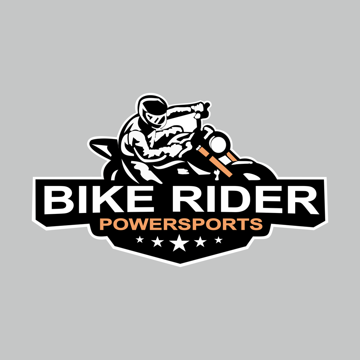 Bike Riders Powersports Sticker featuring black and white sportbike rider artwork with orange accents and bold Bike Rider Powersports lettering