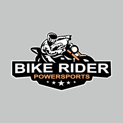 Bike Riders Powersports Sticker featuring black and white sportbike rider artwork with orange accents and bold Bike Rider Powersports lettering