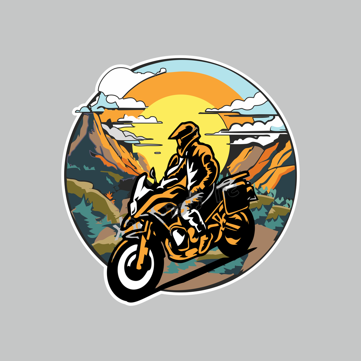 Biker in Himalayas sticker featuring adventure motorcycle rider with colorful mountain landscape, sunset and scenic Himalayan artwork