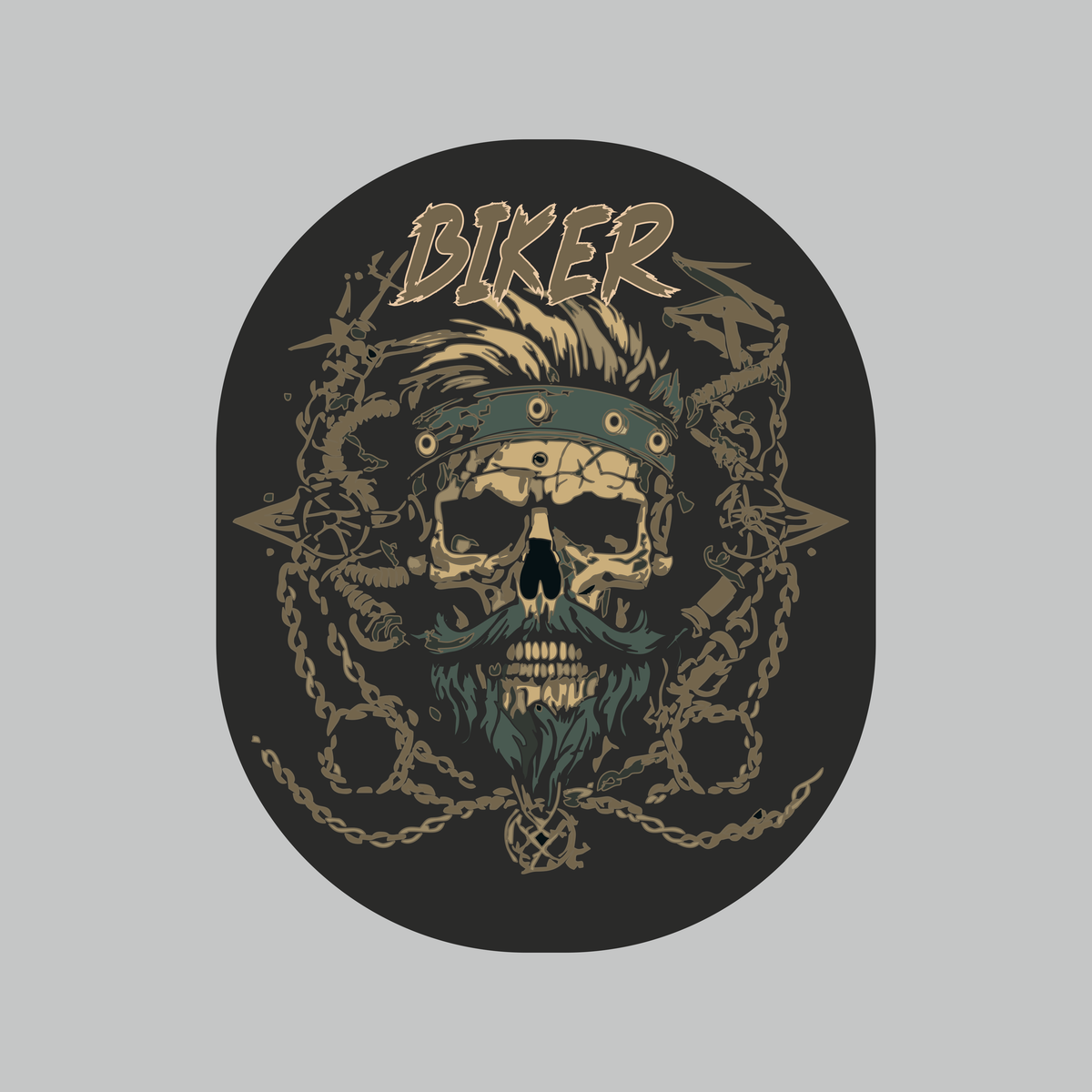 Biker Skeleton Mustache sticker featuring skull with sunglasses, handlebar mustache, beard, headband and chain artwork on black background