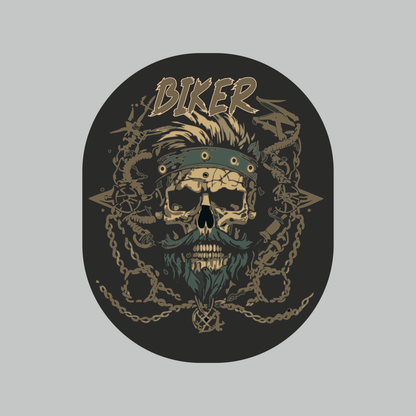 Biker Skeleton Mustache sticker featuring skull with sunglasses, handlebar mustache, beard, headband and chain artwork on black background