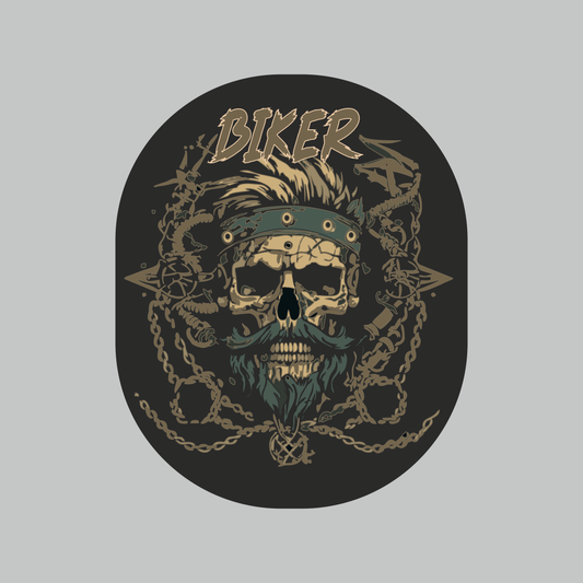 Biker Skeleton Mustache sticker featuring skull with sunglasses, handlebar mustache, beard, headband and chain artwork on black background