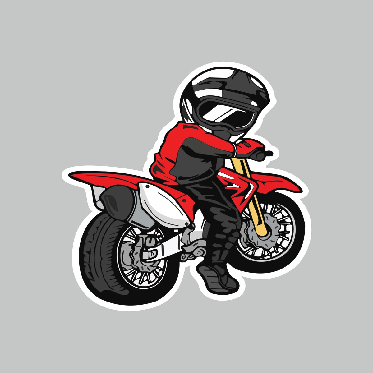 Biker Stop Look Behind sticker featuring a helmeted rider looking backward on a red motorcycle with black, white and grey details