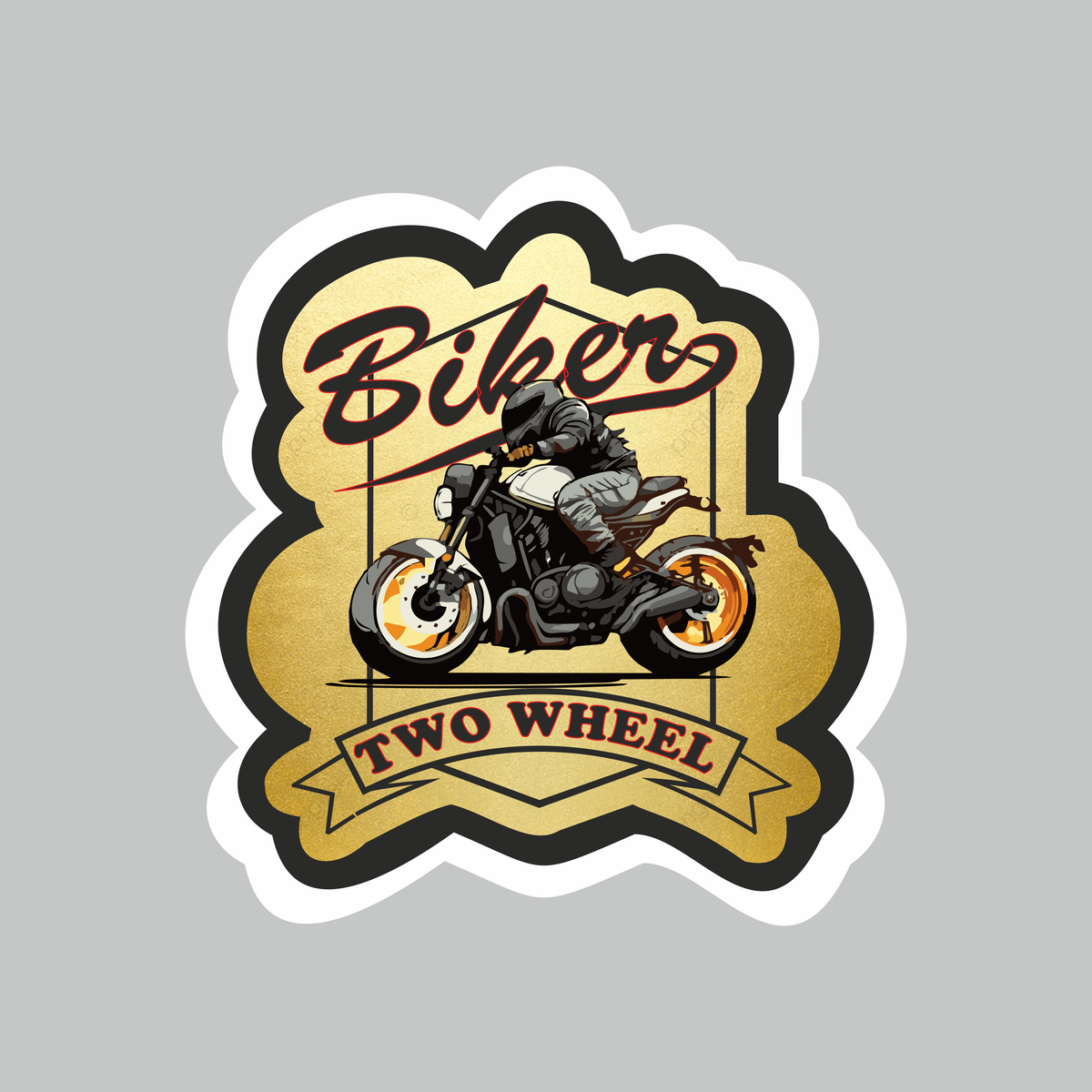 Biker Two Wheel colorful sticker featuring motorcycle rider artwork with black, gold, red and orange detailing and white die-cut border