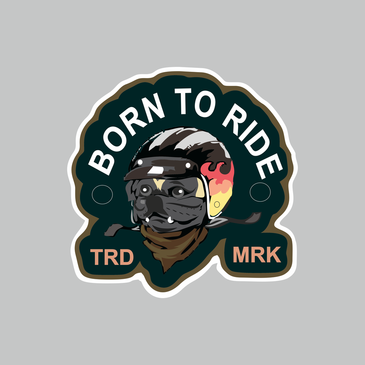 Born to Ride TRD MRK Sticker featuring helmeted biker graphic with dark green background, flame detail and white die-cut border