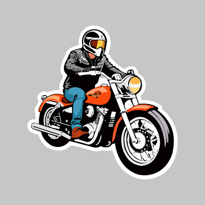 Bullet Rider Sticker featuring helmeted biker riding an orange classic motorcycle with white die-cut border