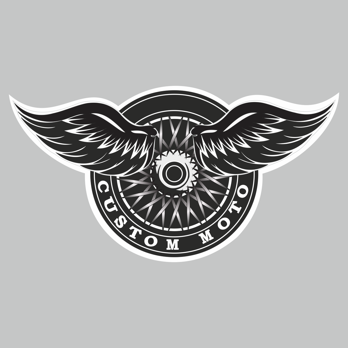 Custom Moto winged motorcycle wheel sticker artwork in black white and silver biker design