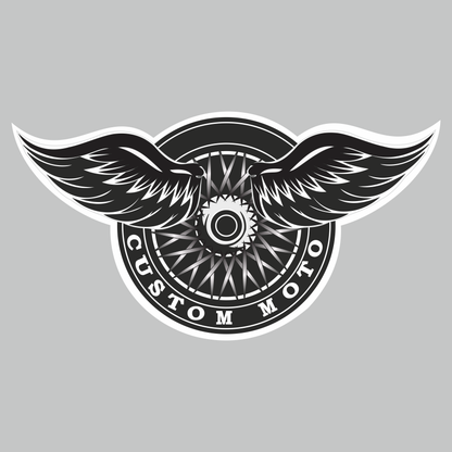 Custom Moto winged motorcycle wheel sticker artwork in black white and silver biker design