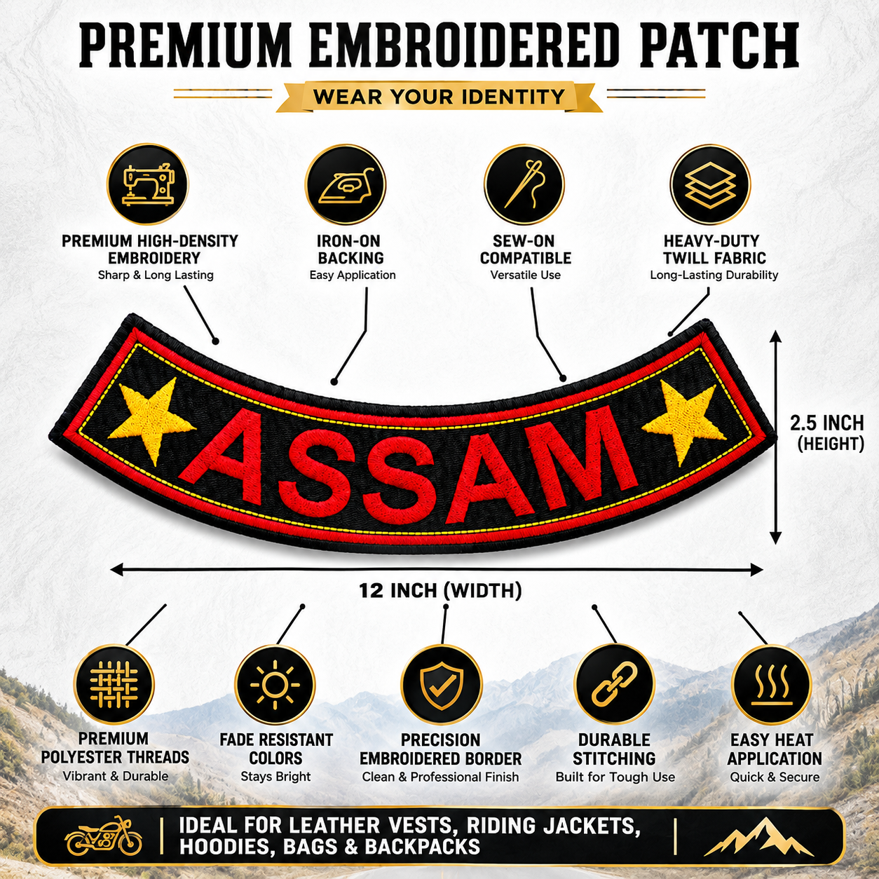 Assam Bottom Curved Star State Back Embroidered Patch 2.5 × 12 Inch – Iron On / Sew On