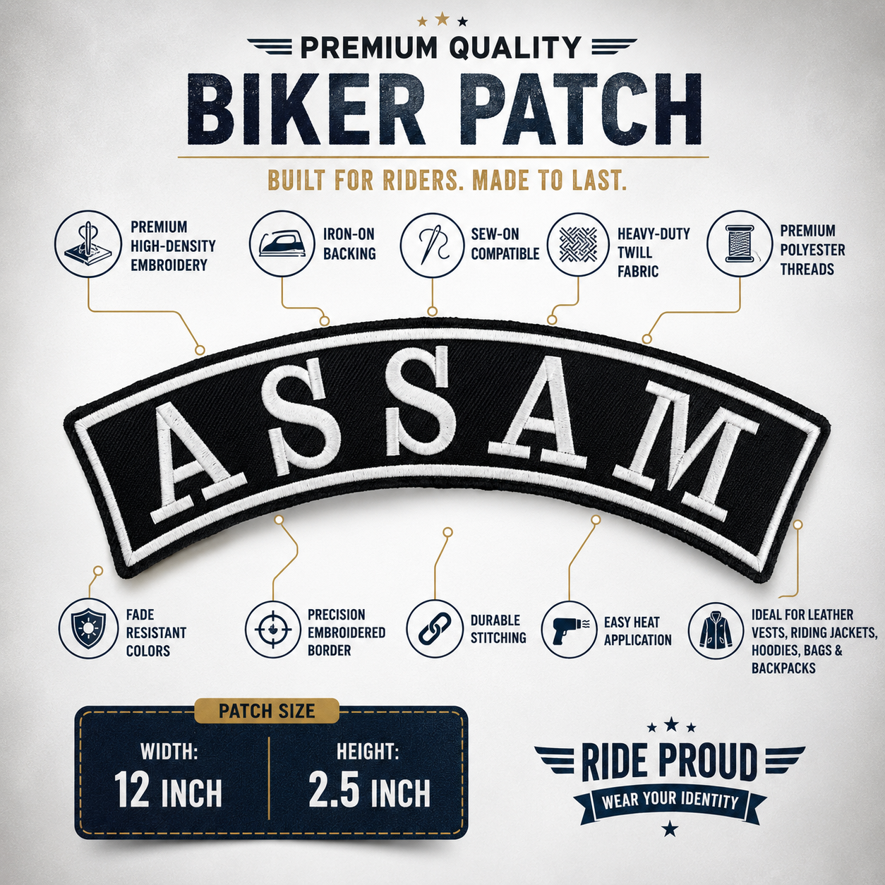 Assam Top Curved State Back Embroidered Patch 2.5 × 12 Inch – Iron On / Sew On