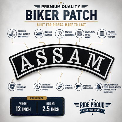 Assam Top Curved State Back Embroidered Patch 2.5 × 12 Inch – Iron On / Sew On