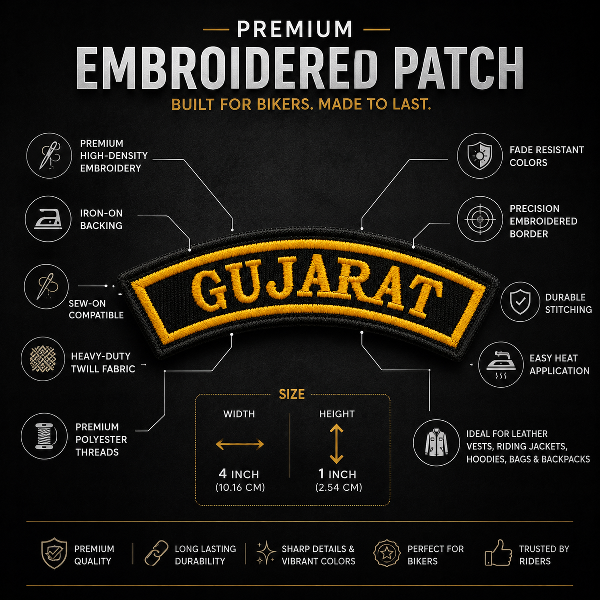Gujarat State Front Embroidered Patch 1 × 4 Inches – Iron On / Sew On